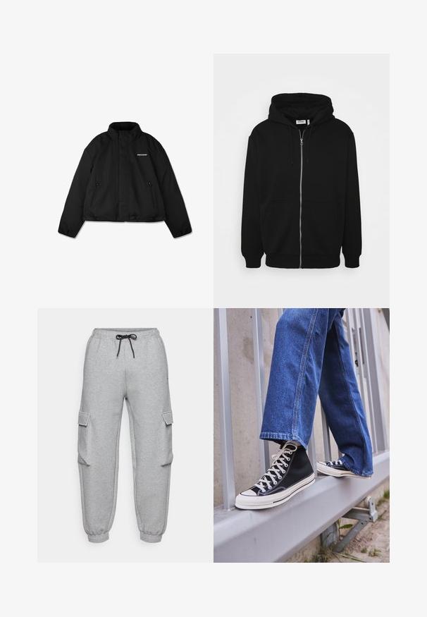 Svart vadderad jacka med hög krage, fickor med dragkedja på sidan och en logotyp på bröstet. Slät yta, kort design.; Svart zip-up hoodie med dragsko på huvan, framfickor, ribbade ärmslut och en mjuk tygtextur. Central märkespanel synlig inuti.; Vit bomull t-shirt med korta ärmar, rundad halsringning, avslappnad passform och utan synliga logotyper eller mönster. Slät textur och minimal design.; Grå sweatpants har en elastisk midja med en svart snörning, två sidofickor och ribbade muddar vid anklarna.; Svarta högskurna sneakers med vit sula och snören, tillsammans med lösa blå jeans, vilande på ett grått räcke.
