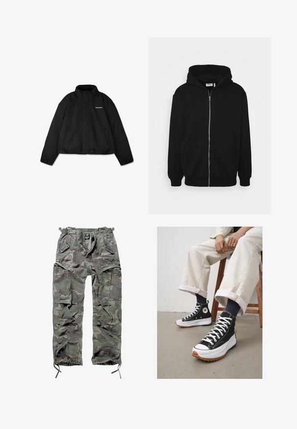Černá zateplená bunda s vysokým límcem, zipovými postranními kapsami a logem značky na hrudi. Hladký povrch, zkrácený design.; Černá mikina na zip s kapucí na šňůrku, předními kapsami, žebrovanými manžetami a hladkým povrchem látky. Ve středu je viditelná brandingová štítek uvnitř.; Bílé triko z bavlny s krátkým rukávem, kulatým výstřihem, volným střihem a bez viditelných log či vzorů. Hladká textura a minimalistický design.; Maskovací cargo kalhoty v zelené a šedé barvě, s více kapsami, elastickým pasem, nastavitelnými manžetami na kotnících a volným střihem.; Černé vysoké tenisky s bílými tkaničkami a gumovým ochranným špičkou. Silná bílá podešev s texturovanou hnědou podrážkou, nošeny s námořnickými pruhovanými ponožkami.