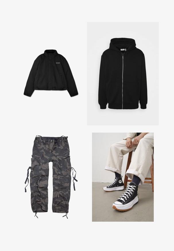 Czarna ocieplana kurtka z wysokim kołnierzem, zapinanymi na zamek kieszeniami bocznymi oraz logiem marki na piersi. Gładkie wykończenie, krótki fason.; Czarna bluza z zamkiem błyskawicznym, ze sznurkiem w kapturze, przednimi kieszeniami, ściągaczami na mankietach oraz gładką fakturą materiału. Wewnętrzna etykieta z logo znajduje się na środku.; Biała bawełniana koszulka z krótkimi rękawami, okrągłym dekoltem, luźnym krojem i bez widocznych logo lub wzorów. Gładka tekstura i minimalistyczny design.; Spodnie cargo w kamuflażu w odcieniach szarości i czerni, wykonane z tkaniny o lekko teksturowanej powierzchni. Posiadają wiele kieszeni oraz sznurki na końcach nogawek.; Czarne sneakersy typu high-top z białymi sznurówkami i gumowym noskiem. Gruba biała podeszwa z teksturowaną brązową podeszwą zewnętrzną, noszone z pasiastymi skarpetami w kolorze granatowym.