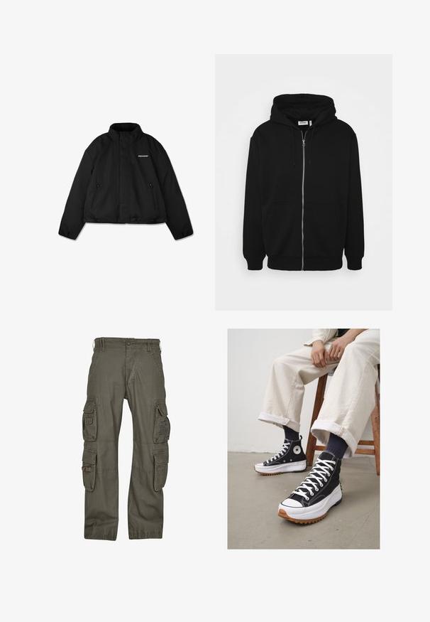 Črna podložena jakna z visokim ovratnikom, z zadrgo na stranskih žepih in blagovno znamko na prsih. Gladka površina, skrajšana zasnova.; Črna zip-up kapuca z vrvico pri kapuci, sprednjimi žepi, rebrastimi manšeti in gladkim materialom. Osrednja oznaka blagovne znamke je vidna znotraj.; Bela bombažna majica s kratkimi rokavi, okroglim izrezom, sproščenim krojem in brez vidnih logotipov ali vzorcev. Gladka tekstura in minimalen dizajn.; Hlače na tovor iz olivno zelene bombažne tkanine, z več stranskimi žepi, prostim krojem in ojačanimi šivi za trpežnost.; Črne visoke tenisice z belimi vezalkami in gumijastim zaščitnim vrhom. Pogrnjen debel bel podplat z teksturiranim rjavim zunanjim podplatom, obute z mornarskimi črtastimi nogavicami.