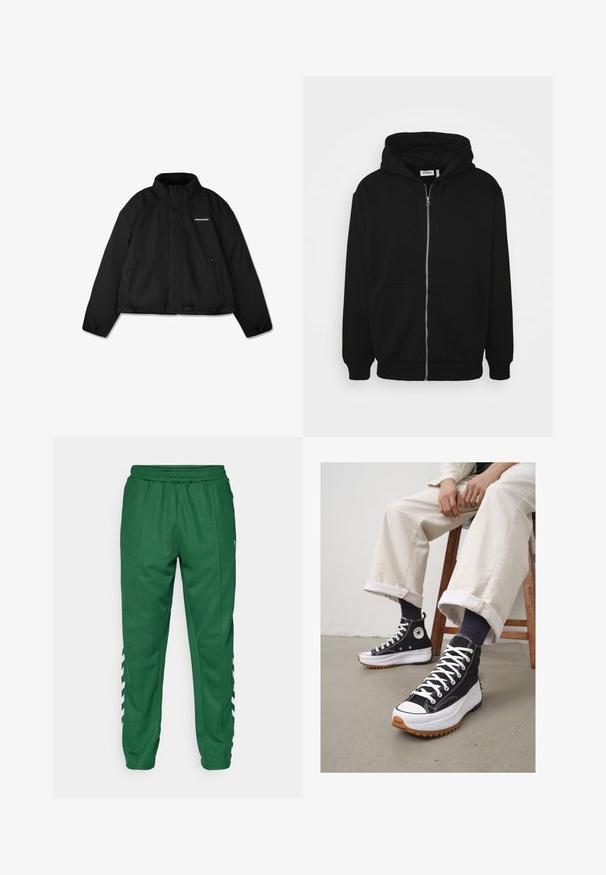 Svart polstret jakke med høy krage, glidelås-lommer på sidene og et merkenavnlogo på brystet. Glatt overflate, kort design.; Svart hettegenser med glidelås, snøring på hetten, frontlommer, ribbestrikkede mansjetter og en glatt tekstur. Sentral merkelapp synlig på innsiden.; Hvit bomull t-skjorte med korte ermer, rund utringning, avslappet passform, og ingen synlige logoer eller mønstre. Glatt tekstur og minimalistisk design.; Grønn idrettsbukse med elastisk linning, sidelommer og hvite skrå striper på de nedre sidene. Jevn stofftekstur.; Høye svarte sneakers med hvite lisser og gummitåhette. Tykkt hvitt såle med en teksturert brun yttersåle, brukt med marineblå stripete sokker.