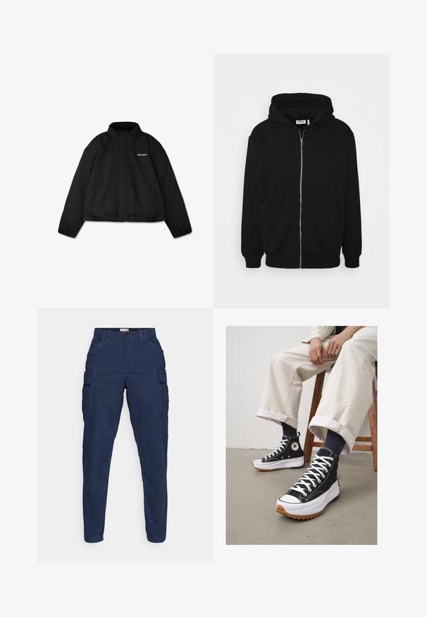 Čierna zateplená bunda s vysokým golierom, zipsovými bočnými vreckami a značkovým logom na prsiach. Hladký povrch, skrátený dizajn.; Čierna mikina na zips s kapucňou na šnúrku, predné vrecká, ribované manžety a hladký textilný povrch. Centrálny brandingový štítok viditeľný vo vnútri.; Biela bavlnená tričko s krátkymi rukávmi, okrúhlym výstrihom, uvoľneným strihom a žiadnymi viditeľnými logami alebo vzormi. Hladká textúra a minimálny dizajn.; Námořnické modré cargo kalhoty s bočními kapsami, zúženým střihem nohou, plochým předním dílem a zapínáním na knoflík. Vyrobené z pevné tkaniny s čistým zakončením.; Čierne vysoké tenisky so bielymi šnúrkami a gumenou špičkou. Hrubá biela podrážka s štruktúrovanou hnedou podrážkou, nosené s námorníckymi pruhovanými ponožkami.