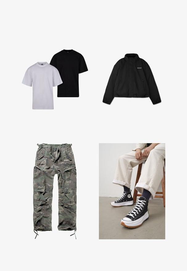 Čierna zateplená bunda s vysokým golierom, zipsovými bočnými vreckami a značkovým logom na prsiach. Hladký povrch, skrátený dizajn.; Čierna mikina na zips s kapucňou na šnúrku, predné vrecká, ribované manžety a hladký textilný povrch. Centrálny brandingový štítok viditeľný vo vnútri.; Set bavlnených tričiek v čiernej a bielej farbe. Má krátke rukávy, okrúhly výstrih a voľný strih. Hladká textúra bez vzorov.; Zelené a šedé maskáčové cargo nohavice so viacerými vreckami, elastickým pásom, nastaviteľnými manžetami na členkoch a voľným strihom.; Čierne vysoké tenisky so bielymi šnúrkami a gumenou špičkou. Hrubá biela podrážka s štruktúrovanou hnedou podrážkou, nosené s námorníckymi pruhovanými ponožkami.