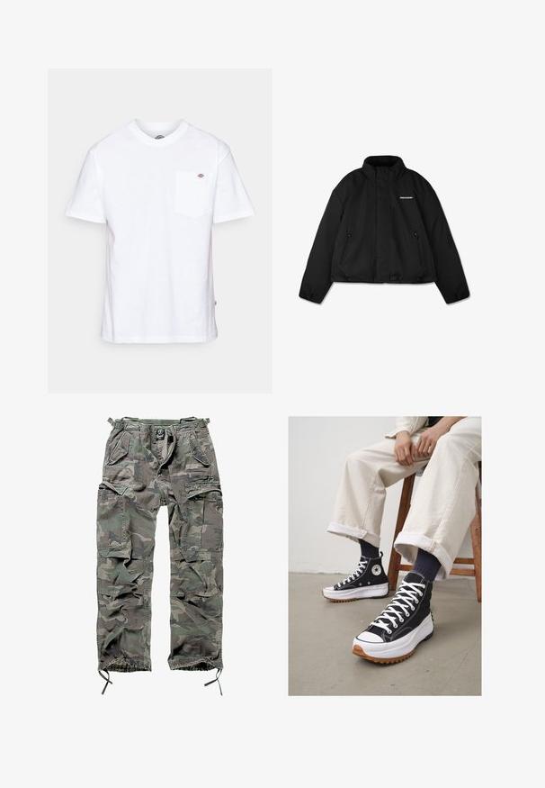 Jachetă neagră căptușită cu guler înalt, buzunare laterale cu fermoar și un logo de marcă pe piept. Finisaj neted, design scurtat.; Hanorac negru cu fermoar, dotat cu glugă ajustabilă printr-un șnur, buzunare frontale, manșete ribbate și o textură de țesătură netedă. Eticheta de marcă este vizibilă în interior.; Tricou alb din bumbac, cu guler rotund, mâneci scurte și un buzunar pe piept, având un mic logo de marcă pe partea stângă.; Pantaloni cargo camuflați în nuanțe de verde și gri, cu multiple buzunare, talie elastică, mansete ajustabile la glezne și un croi lejer.; Adidași negri înalți cu șireturi albe și vârf din cauciuc. Talpă groasă albă cu un outsole texturat maro, purtați cu șosete în dungi bleumarin.