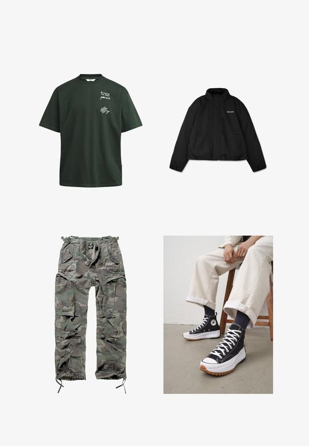 Svart polstret jakke med høy krage, glidelås-lommer på sidene og et merkenavnlogo på brystet. Glatt overflate, kort design.; Svart hettegenser med glidelås, snøring på hetten, frontlommer, ribbestrikkede mansjetter og en glatt tekstur. Sentral merkelapp synlig på innsiden.; Mørkegrønn bomull T-skjorte med korte ermer, rund hals og hvit trykt tekst, med en avslappet passform og ingen synlige dekorasjoner.; Kamuflasje cargo bukser i grønn og grå, med flere lommer, elastisk midjebånd, justerbare ankelmansjetter og en avslappet passform.; Høye svarte sneakers med hvite lisser og gummitåhette. Tykkt hvitt såle med en teksturert brun yttersåle, brukt med marineblå stripete sokker.