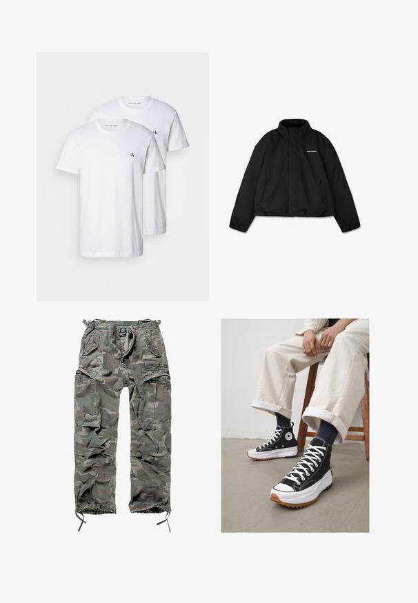 Melnā polsterētā jaka ar augstu apkakli, ar rāvējslēdzēja sānu kabatām un zīmolu uz krūtīm. Gluda virsma, īsais dizains.; Melna kapuce ar rāvējslēdzēju, ar aukliņu, priekšējām kabatām, ribota manšete un gluda auduma tekstūra. Centrālā zīmola birka redzama iekšpusē.; Baltas kokvilnas T-krekli, ar apaļu kakla izgriezumu, īsām piedurknēm, uz krūtīm ar mazu melnu "CK" logo. Parādīti divi krekli.; Kamikaze krūšu bikses zaļā un pelēkā krāsā, ar vairākiem kabatām, elastīgu jostasvietu, regulējamiem potīšu galviņām un brīvu piegriezumu.; Augstie melnie sporta apavi ar baltām auklām un gumiju purngalā. Bieza balta zole ar strukturētu brūnu ārējo zoli, valkāti ar zilām svītrainām zeķēm.