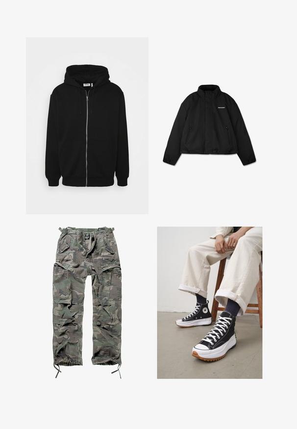 Veste rembourrée noire avec un col montant, poches latérales zippées et un logo de marque sur la poitrine. Fini lisse, design court.; Haut à capuche zippé noir avec un cordon de serrage, poches avant, poignets côtelés et une texture de tissu lisse. Étiquette de marque centrale visible à l'intérieur.; T-shirt en coton blanc avec des manches courtes, un col rond, une coupe décontractée et sans logos ni motifs visibles. Texture lisse et design minimaliste.; Pantalons cargo camouflage en vert et gris, avec plusieurs poches, une taille élastique, des poignets de cheville ajustables et une coupe décontractée.; Baskets montantes noires avec lacets blancs et embout en caoutchouc. Semelle blanche épaisse avec une semelle extérieure marron texturée, portées avec des chaussettes rayées bleu marine.