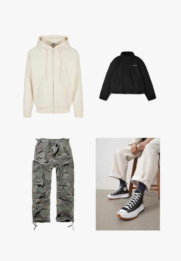 Fekete párnázott dzseki magas gallérral, cipzáras oldalzsebekkel és logóval a mellkason. Simafelszínű, rövidített fazon.; Krém színű pulóver, elöl cipzárral, húzózsinóros kapucnival, elülső zsebekkel és bordázott mandzsettákkal. Sima szövettextúra és laza dizájn.; Fehér pamut póló rövid ujjal, kerek nyakú, laza szabású, és nincsenek látható logók vagy minták. Simább textúra és minimalista dizájn.; Zöld és szürke kamuflázs cargo nadrág, több zsebbel, rugalmas derékpánttal, állítható bokarészekkel és laza szabással.; Fekete magas szárú tornacipő fehér fűzővel és gumi orral. Vastag fehér talp, texturált barna talppal, tengerészkék csíkos zoknival viselve.