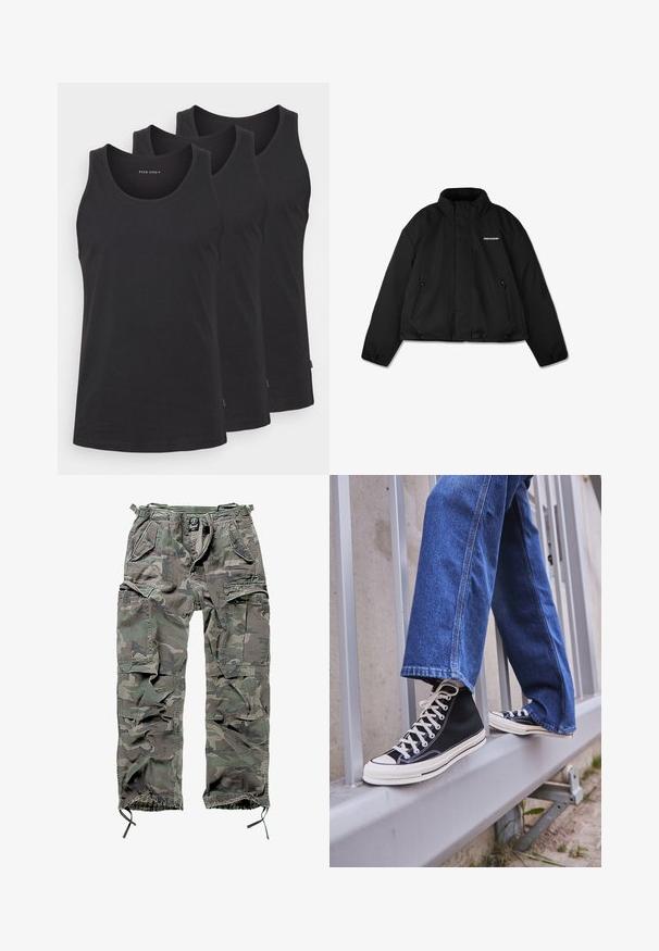 Zwarte gewatteerde jas met een hoge kraag, met rits afgesloten zijzakken en een logo op de borst. Gladde afwerking, cropped ontwerp.; Zwarte sweatshirt met een witte drie-strepen ontwerp op de mouwen, ronde hals, geribde manchetten en een klein wit Adidas logo op de borst.; Zwarte katoen tanktops in een set van drie. Voorzien van een ronde halslijn, mouwloos ontwerp en een rechte zoom. Glad textuur, minimale branding.; Camo cargobroek in groen en grijs, met meerdere zakken, een elastische tailleband, verstelbare enkels en een relaxte pasvorm.; Zwarte hoge sneakers met witte zool en veters, gecombineerd met losse blauwe denim jeans, rustend op een grijze leuning.