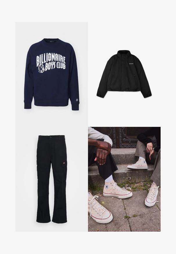 Black padded jacket with a high collar, zippered side pockets, and a branded logo on the chest. Smooth finish, cropped design.; Navy sweatshirt made of cotton with a crew neck, featuring a large white printed logo "Billionaire Boys Club" and astronaut graphic.; Black cargo pants with a straight leg design, made from durable fabric, featuring side pockets and a patch logo on the left side.; High-top beige canvas sneakers with red stripe, white rubber sole, and metal eyelets, featuring iconic star logo on the side.