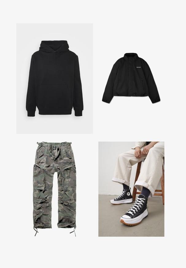 Zwarte gewatteerde jas met een hoge kraag, met rits afgesloten zijzakken en een logo op de borst. Gladde afwerking, cropped ontwerp.; Zwart hoodie gemaakt van zachte stof, met een kangoeroezak, een trekkoordkap en ribgebreide boorden. Eenvoudig ontwerp zonder patronen.; Camo cargobroek in groen en grijs, met meerdere zakken, een elastische tailleband, verstelbare enkels en een relaxte pasvorm.; Zwarte hoge sneakers met witte veters en een rubberen teenkap. Dikke witte zool met een gestructureerde bruine loopzool, gedragen met marineblauwe gestreepte sokken.