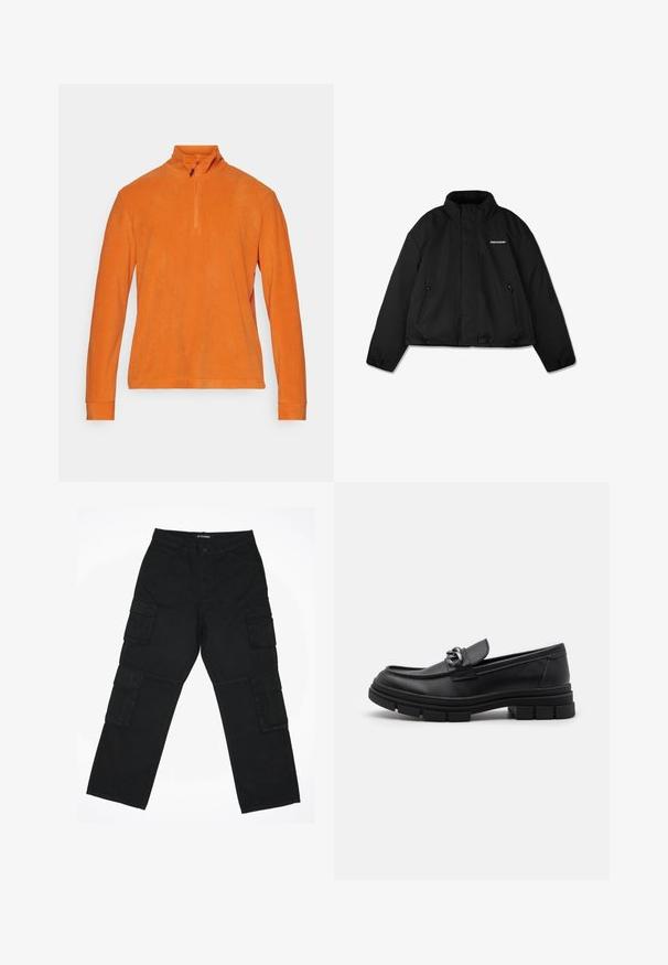 Black padded jacket with a high collar, zippered side pockets, and a branded logo on the chest. Smooth finish, cropped design.; CMP MAN - Fleece jumper - jaffa; Black cargo pants made of cotton fabric. Features multiple side pockets, a straight leg design, and a button closure at the waist.; Black leather loafer with a rounded toe, a decorative strap and hardware, and a chunky textured sole. Smooth finish with subtle detailing.