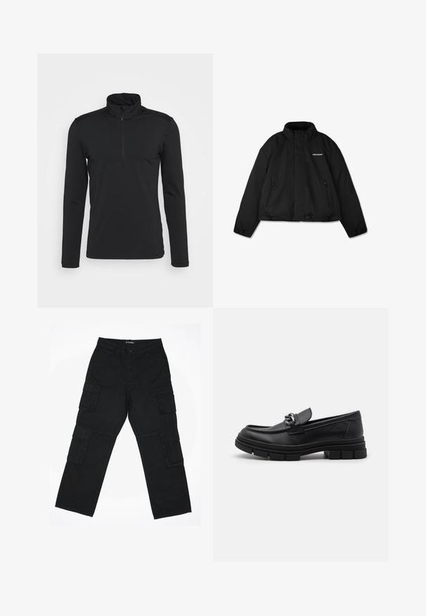 Schwarze gepolsterte Jacke mit hohem Kragen, mit Reißverschluss versehenen Seitentaschen und einem markenlogo auf der Brust. Glatte Oberfläche, cropped Design.; Schwarzer Pullover mit langen Ärmeln, hohem Kragen und Reißverschluss am Ausschnitt. Glatte Textur, keine sichtbaren Muster und minimalistisches Design.; Schwarze Cargo-Hosen aus Baumwollstoff. Verfügt über mehrere Seitentaschen, ein gerades Bein-Design und einen Knopfverschluss an der Taille.; Schwarzer Lederloafer mit runder Zehenform, einem dekorativen Riemen und Hardware sowie einer robusten, strukturierten Sohle. Glatte Oberfläche mit dezenten Details.