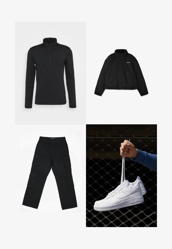 Černá zateplená bunda s vysokým límcem, zipovými postranními kapsami a logem značky na hrudi. Hladký povrch, zkrácený design.; Černý pulovr s dlouhým rukávem, vysokým límcem a zapínáním na zip. Hladká textura, žádné viditelné vzory a minimalistický design.; Černé cargo kalhoty vyrobené z bavlněné tkaniny. Mají několik bočních kapes, rovný střih nohavic a zapínání na knoflík v pase.; Bílé kožené tenisky s perforacemi, kulatou špičkou, plochou podrážkou a silnými tkaničkami, které mají viditelné logo swoosh a nápis "AIR" na patě.
