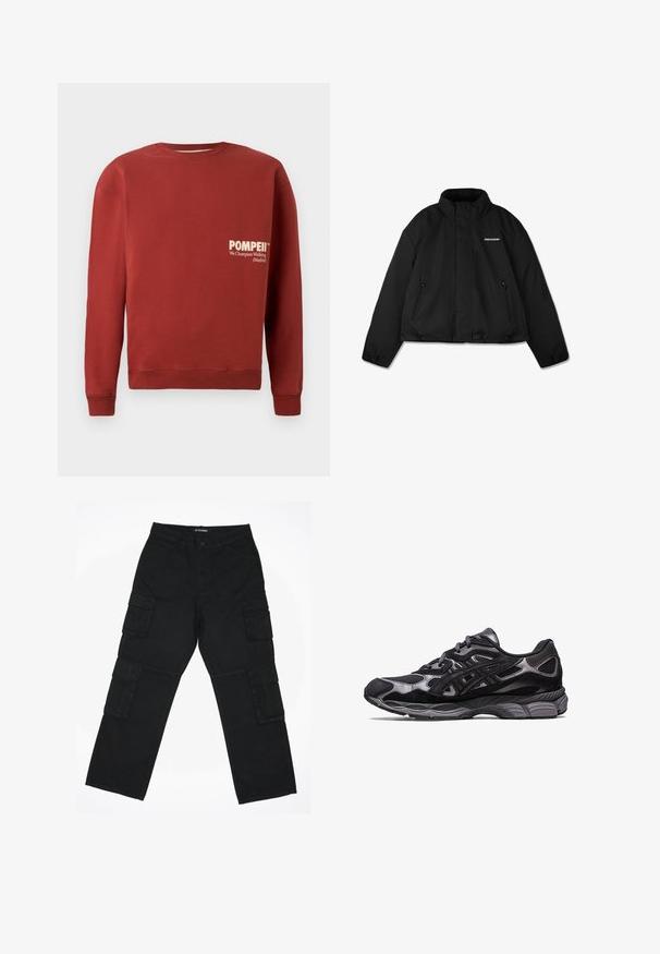 Schwarze gepolsterte Jacke mit hohem Kragen, mit Reißverschluss versehenen Seitentaschen und einem markenlogo auf der Brust. Glatte Oberfläche, cropped Design.; Roter Pullover mit Rundhalsausschnitt, langen Ärmeln und gerippten Bündchen. Auf der Vorderseite befindet sich weißer Text: "POMPEII" und "We Champion Walking (Madrid)".; Schwarze Cargo-Hosen aus Baumwollstoff. Verfügt über mehrere Seitentaschen, ein gerades Bein-Design und einen Knopfverschluss an der Taille.; Schwarzer Sportschuh mit einem Obermaterial aus Mesh und Wildleder, der ein strukturiertes Design und eine robuste, gepolsterte graue Sohle aufweist.