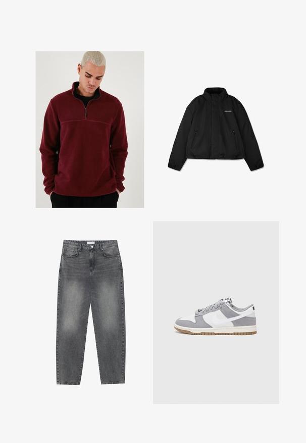Zwarte gewatteerde jas met een hoge kraag, met rits afgesloten zijzakken en een logo op de borst. Gladde afwerking, cropped ontwerp.; Bordeaux fleece pullover met een hoge kraag, halve rits en zwarte accenten. Zachte textuur, lange mouwen en een horizontale naaddetail.; Witte katoenen t-shirt met korte mouwen, ronde hals, relaxte pasvorm en zonder zichtbare logo's of patronen. Gladde textuur en minimalistisch ontwerp.; Hoge taille, losvallende jeans van vervaagd zwart denim. Beschikt over vijf zakken, riemlussen en een schone, rechte broekspijp ontwerp.; Grijze en witte sneaker met een bovenwerk van suede en leer, ronde neus, platte veters en een rubberen zool met een gumaccent.
