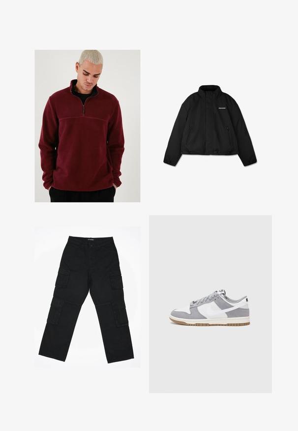 Zwarte gewatteerde jas met een hoge kraag, met rits afgesloten zijzakken en een logo op de borst. Gladde afwerking, cropped ontwerp.; Bordeaux fleece pullover met een hoge kraag, halve rits en zwarte accenten. Zachte textuur, lange mouwen en een horizontale naaddetail.; Zwarte cargobroek van katoen. Bevat meerdere zijzakken, een rechte pijpdesign en een knoopsluiting in de taille.; Grijze en witte sneaker met een bovenwerk van suede en leer, ronde neus, platte veters en een rubberen zool met een gumaccent.