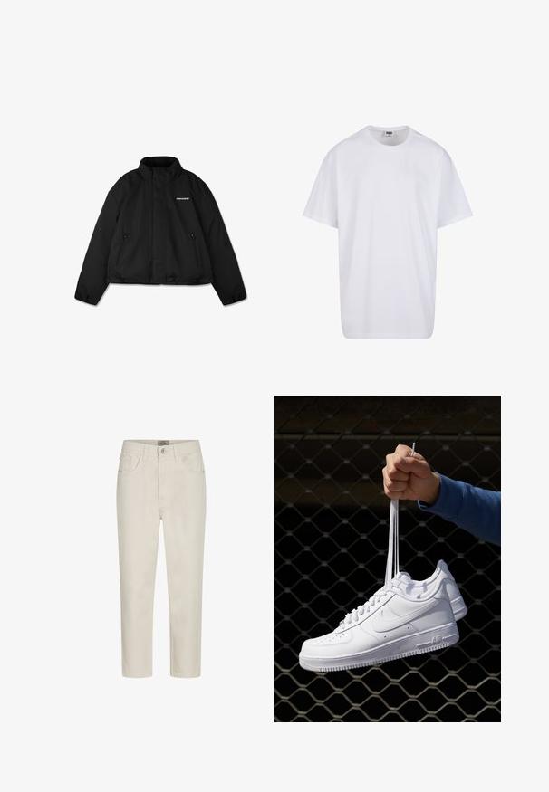 Zwarte gewatteerde jas met een hoge kraag, met rits afgesloten zijzakken en een logo op de borst. Gladde afwerking, cropped ontwerp.; Witte katoenen t-shirt met korte mouwen, ronde hals, relaxte pasvorm en zonder zichtbare logo's of patronen. Gladde textuur en minimalistisch ontwerp.; Beige rechte jeans met een voorste knoop, riemlussen en vijf-pocket ontwerp, weergegeven op een witte achtergrond.; Witte leren sneakers met perforaties, ronde neus, vlakke zool en dikke veters, met een zichtbare swoosh-logo en "AIR" op de hiel.