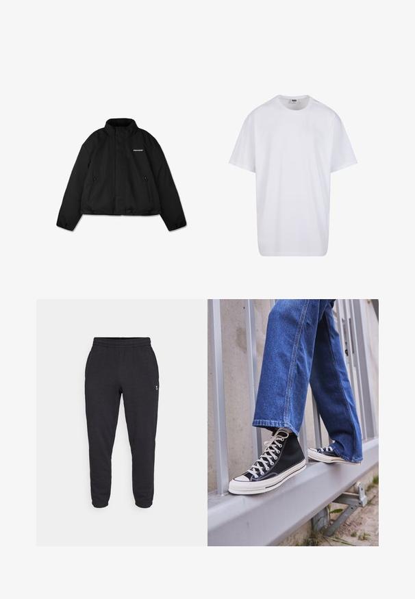 Czarna ocieplana kurtka z wysokim kołnierzem, zapinanymi na zamek kieszeniami bocznymi oraz logiem marki na piersi. Gładkie wykończenie, krótki fason.; Biała bawełniana koszulka z krótkimi rękawami, okrągłym dekoltem, luźnym krojem i bez widocznych logo lub wzorów. Gładka tekstura i minimalistyczny design.; Czarne spodnie dresowe z elastycznym paskiem w talii i mankietami, wykonane z miękkiej bawełny. Posiadają małe logo na lewej udzie.; Czarne sneakersy za kostkę z białą podeszwą i sznurówkami, w połączeniu z luźnymi niebieskimi dżinsami, opierające się na szarym balustradzie.