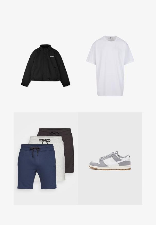 Chaqueta negra acolchada con un alto cuello, bolsillos laterales con cremallera y un logotipo de marca en el pecho. Acabado liso, diseño corto.; Camiseta blanca de algodón con mangas cortas, cuello redondo, corte relajado y sin logotipos ni patrones visibles. Textura suave y diseño minimalista.; Conjunto de tres pares de pantalones cortos: azul marino, gris claro y gris oscuro. Hechos de una tela suave con cinturas elásticas y cordones.; Las zapatillas Nike presentan una parte superior de ante gris y cuero blanco con perforaciones, cordones redondos y una suela de goma para tracción.
