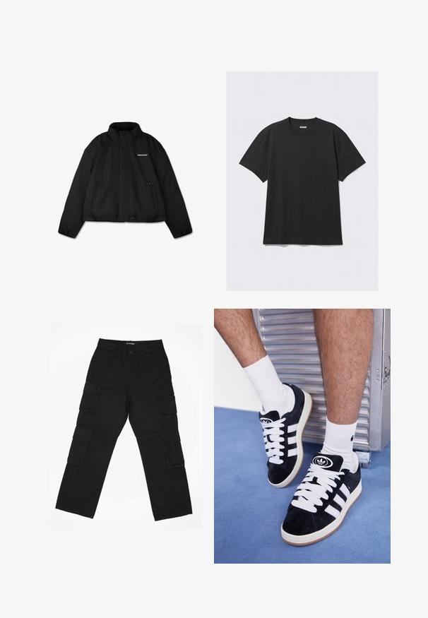 Czarna ocieplana kurtka z wysokim kołnierzem, zapinanymi na zamek kieszeniami bocznymi oraz logiem marki na piersi. Gładkie wykończenie, krótki fason.; Czarna koszulka z krótkim rękawem wykonana z bawełny. Posiada okrągły dekolt i luźny krój. Prosty design, bez widocznych wzorów czy akcentów.; Czarne spodnie cargo wykonane z bawełnianego materiału. Posiadają wiele bocznych kieszeni, prosty krój nogawek oraz zapięcie na guzik w talii.; Czarne zamszowe sneakersy z białymi sznurówkami i trzema białymi paskami. Posiadają okrągłe czarne logo na języku i gumową podeszwę.