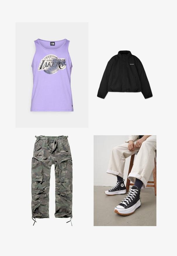 Musthave mustrindade jakk, millel on kõrge krae, tõmblukuga küljetaskud ja rinnal brändilogo. Sujuv viimistlus, lühendatud disain.; Lilla ilma varrukatank Ülikond valmistatud pehmest kangast, millel on esiküljel hõbedane Los Angelese Lakersi logo ja korvpalligraafika.; Roheline ja hall kamoflaažiga cargo pükste komplekt, millel on mitu taskut, elastne vöökoht, reguleeritavad pahkluue sääred ja mugav lõige.; Korkealaskelised mustad spordijalatsid valgete nööride ja kummist varvasetootega. Paks valge tald tekstureeritud pruuni alusega, kantud tumesiniste triibuliste sokkidega.