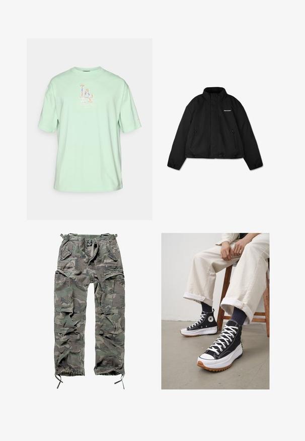 Melnā polsterētā jaka ar augstu apkakli, ar rāvējslēdzēja sānu kabatām un zīmolu uz krūtīm. Gluda virsma, īsais dizains.; Zila zaļš kokvilnas T-krekls ar apaļu kaklu, īsām piedurknēm un centrā esošu daudzkrāsainu "LA" logo dizainu. Mīksta tekstūra, brīva piegriezuma.; Kamikaze krūšu bikses zaļā un pelēkā krāsā, ar vairākiem kabatām, elastīgu jostasvietu, regulējamiem potīšu galviņām un brīvu piegriezumu.; Augstie melnie sporta apavi ar baltām auklām un gumiju purngalā. Bieza balta zole ar strukturētu brūnu ārējo zoli, valkāti ar zilām svītrainām zeķēm.