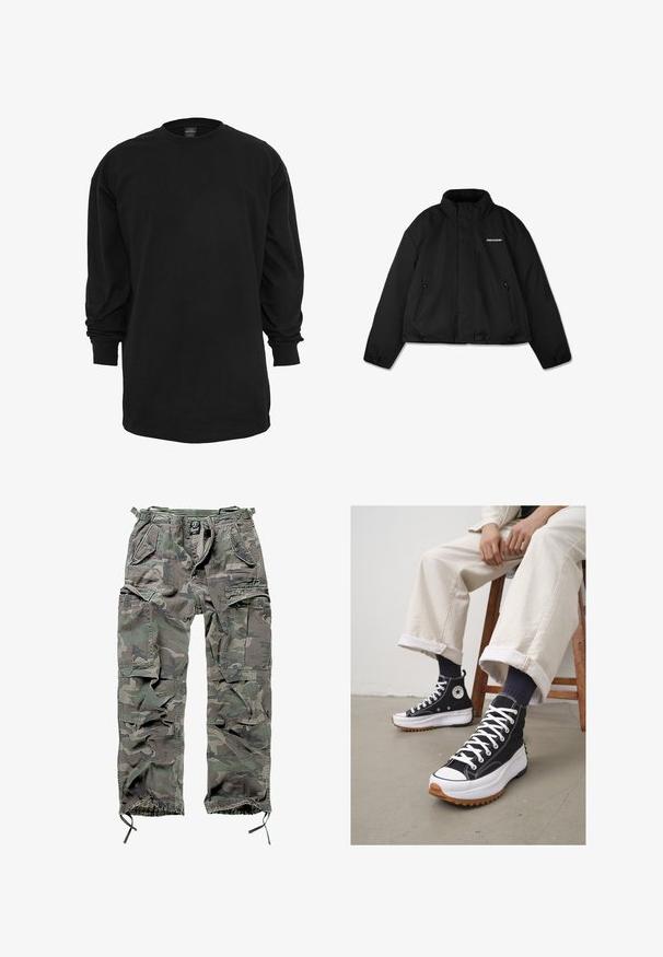 Zwarte gewatteerde jas met een hoge kraag, met rits afgesloten zijzakken en een logo op de borst. Gladde afwerking, cropped ontwerp.; Zwart T-shirt met lange mouwen, gemaakt van katoen. Kenmerkt zich door een ronde halslijn en een reguliere pasvorm. Glad oppervlak zonder zichtbare patronen of accenten.; Camo cargobroek in groen en grijs, met meerdere zakken, een elastische tailleband, verstelbare enkels en een relaxte pasvorm.; Zwarte hoge sneakers met witte veters en een rubberen teenkap. Dikke witte zool met een gestructureerde bruine loopzool, gedragen met marineblauwe gestreepte sokken.