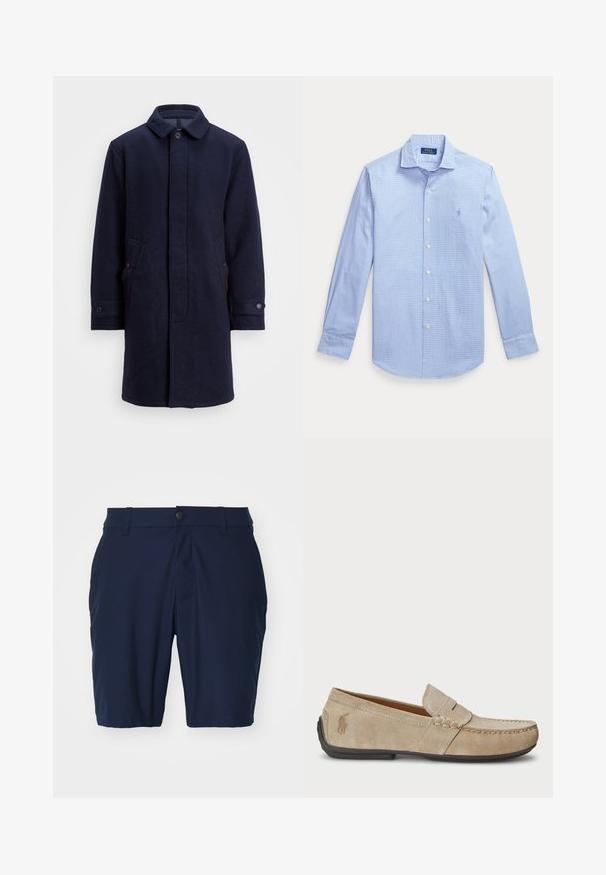 Mornarsko volneno plašč s sprednjim gumbom, koničastim ovratnikom, dvema stranskima žepoma in gumbastimi manšetami. Gladka tekstura z subtilnimi podrobnostmi vzorca.; Svetlo modra srajca s potiskom karo vzorca, dolgimi rokavi, ošiljenim ovratnikom in majhno vezeno logotipom na prsih.; Mornarji modri šortje iz gladkega materiala z gumbom za zapiranje, stranskimi žepi in ravnim krojem.; Bež nubuk loafers s šivano podrobnostjo, ravnim gumijastim podplatom in majhnim logotipom ob strani. Klasična zasnova za enostavno obuvanje, mehak material.