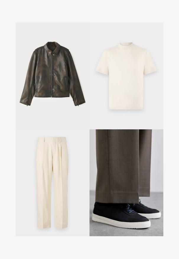 Kožená bunda v tmavohnedej farbe, s predným zipsom, cvokovým golierom a dvoma bočnými vreckami. Hladká textura s jemnými farebnými variáciami.; Krémové tričko s krátkym rukávom a vysokým výstrihom, vyrobené z mäkkej bavlny. Obsahuje jemne vytlačené logo na hrudi.; NN.07 KAY - Nohavice - off white; Čierne semišové tenisky s bielymi gumovými podrážkami, s okrúhlym prstom a šnúrkami, nosené s šedými vypracovanými nohavicami.