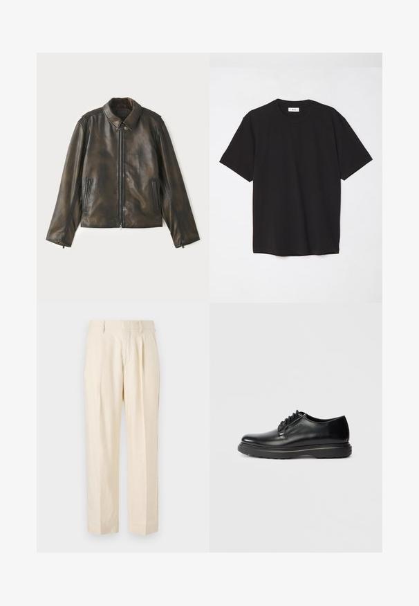 Leather jacket in dark brown, featuring a front zipper, snap collar, and two side pockets. Smooth texture with subtle color variations.; Black cotton t-shirt with a crew neck, short sleeves, and a relaxed fit. Simple design, smooth texture, and no visible patterns or logos.; NN.07 KAY - Trousers - off white; Black leather lace-up Oxford shoe with thick sole and "WATERMAN" embossed on side, shown in profile on light gray background.