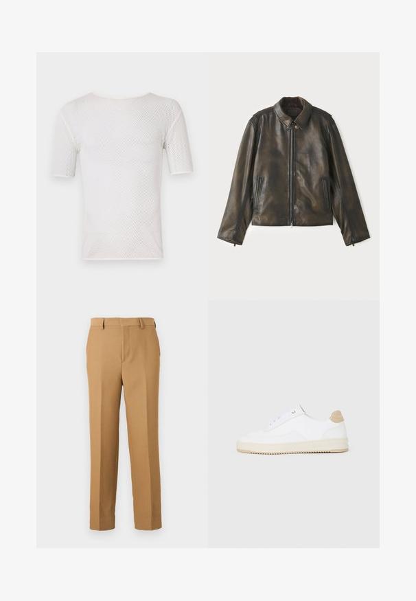 Kožená bunda v tmavohnedej farbe, s predným zipsom, cvokovým golierom a dvoma bočnými vreckami. Hladká textura s jemnými farebnými variáciami.; Bally Základné tričko - white; Béžové nohavice z tkaného materiálu, so rovný strihom, plochým predným dielom a pútkami na opasok. HladkáTextúra bez viditeľných vzorov.; Biele nízke tenisky s textúrovaným koženým zvrškom, krémovou drážkovanou podrážkou a akcentom v hnedej farbe na podpätku. Majú biele šnúrky a detail loga na päte.