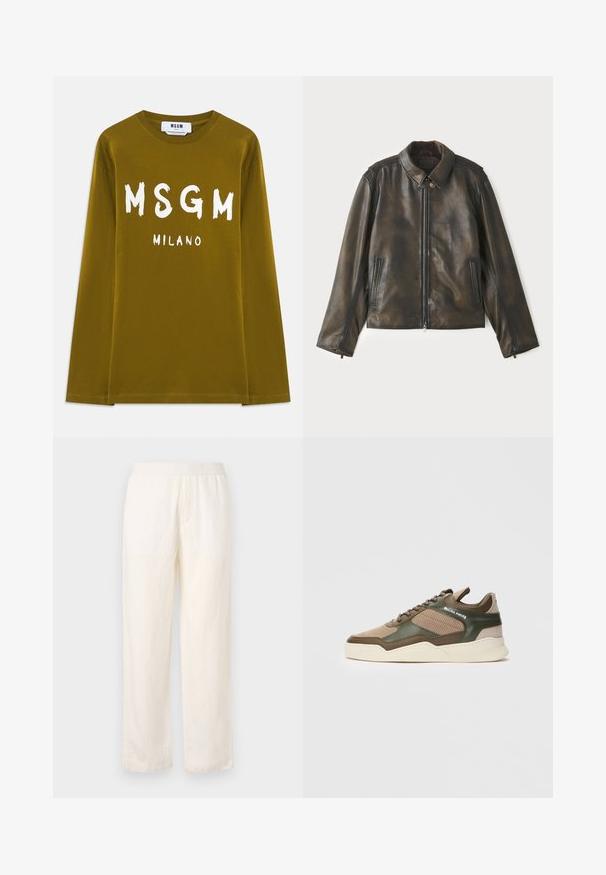 Giubbotto di pelle marrone scuro, con zip frontale, colletto a chiusura a scatto e due tasche laterali. Texture liscia con leggere variazioni di colore.; T-shirt a maniche lunghe verde oliva in cotone, con grande testo bianco "MSGM" e "MILANO" stampato sul davanti.; Pantaloni leggeri color crema con cintura elastica, design a gamba dritta e una sottile texture. Non presenta tasche visibili.; Sneaker basse beige e verde con lati perforati, suola bianca, lacci frontali e branding "FILLING PIECES" sul pannello laterale.
