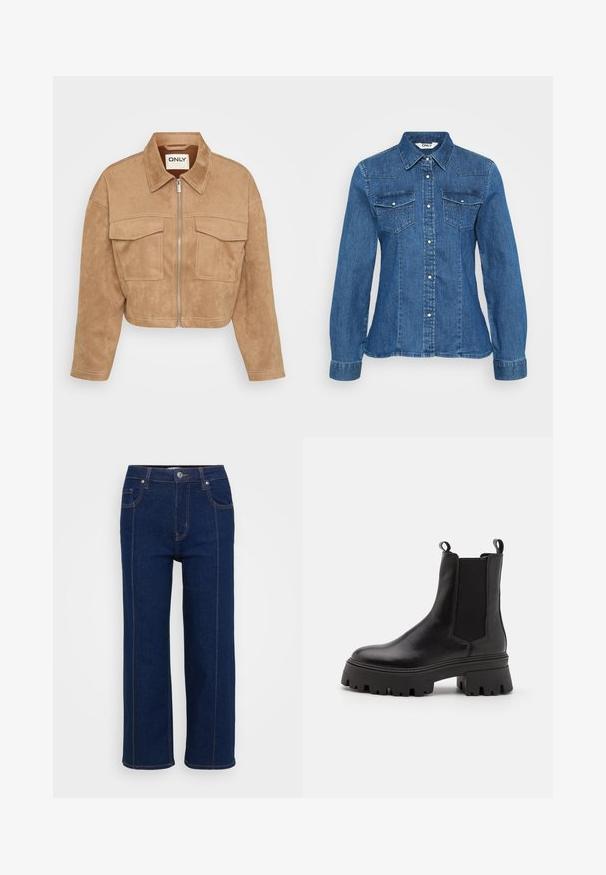 Kuttet beige suedjakke med glidelås foran, to brystlommer og spiss krage; har kontraststing og en jevn tekstur.; Denimskjorte med knap-up foran, spiss krage og to brystlommer. Har et strukturert design med dekorative sømmer i en mellomblå farge.; Mørkeblå rette jeans med knappelukking, front- og baklommer, og synlig oransjefargede sømmer langs sømmene.; Zign Platåstøvletter - black