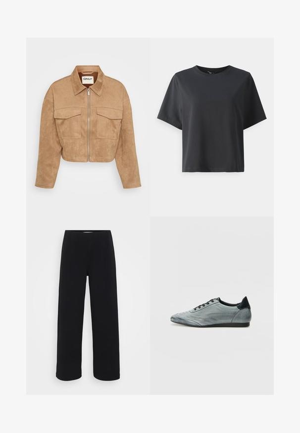 Κομμένο μπεζ σουέντ τζάκετ με μπροστινό φερμουάρ, δύο τσέπες στο στήθος και αιχμηρό γιακά; διαθέτει αντίθετη ραφή και λείες υφές.; Μαύρη βαμβακερή μπλούζα, κοντά μανίκια, στρογγυλή λαιμόκοψη, χαλαρή εφαρμογή, λεία υφή, απλός σχεδιασμός, χωρίς μοτίβα ή διακοσμητικά.; Μαύρο παντελόνι με φαρδιά ποδιά και ελαστική μέση. Κατασκευασμένο από υλικό με υφή, με χαλαρή εφαρμογή και ίσια γραμμή από τους γοφούς μέχρι το στρίφωμα.; Ανοιχτό γκρι δερμάτινο αθλητικό παπούτσι με κομψό σχέδιο, με ραμμένα στοιχεία, μαύρες κορδόνες και σκούρα λεπτομέρεια στη φτέρνα. Λαστιχένια σόλα.