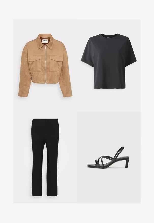 Rövidített bézs velúr dzseki elülső cipzárral, két mellzsebbel és hegyes gallérral; kontrasztos varrással és sima textúrával rendelkezik.; Fekete pamut póló, rövid ujjú, kerek nyakkivágású, laza szabású, sima textúrájú, egyszerű design, minta vagy kiegészítők nélkül.; Fekete nadrág egyenes lábbal, sima anyagból készült. Lapostermészetű derékrésszel rendelkezik és nincs látható zsebe. Minimalista stílusú.; Fekete pántos szandál négyzetes orral és alacsony blokk sarkal. Több vékony pánttal és állítható boka pánttal rendelkezik. Sima bőrből készült.