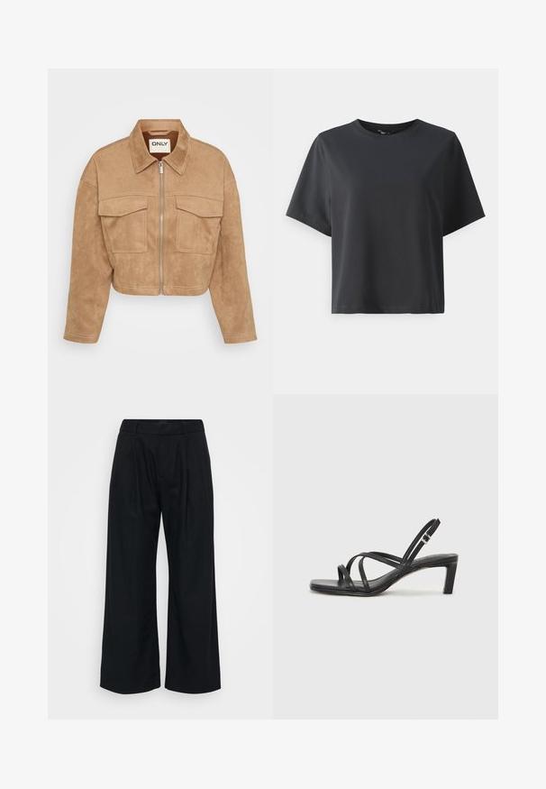 Kratka bež nobučna jakna s sprednjim zadrgo, dvema žepoma na prsih in koničastim ovratnikom; ima kontrastne šive in gladko teksturo.; Črna bombažna majica, kratki rokavi, krojeni ovratnik, sproščenega kroja, gladka tekstura, preprost dizajn, brez vzorcev ali dodatkov.; Črne široke hlače iz mehke tkanine, s ravnim sprednjim delom, vidnimi naborki in pasom z odprtinami za pas.; Črne natikače s trakovi in kvadratnim prstom ter nizkim blokastim peto. Imajo več tankih trakov in nastavljiv trak okoli gležnja. Narejene so iz gladkega usnja.