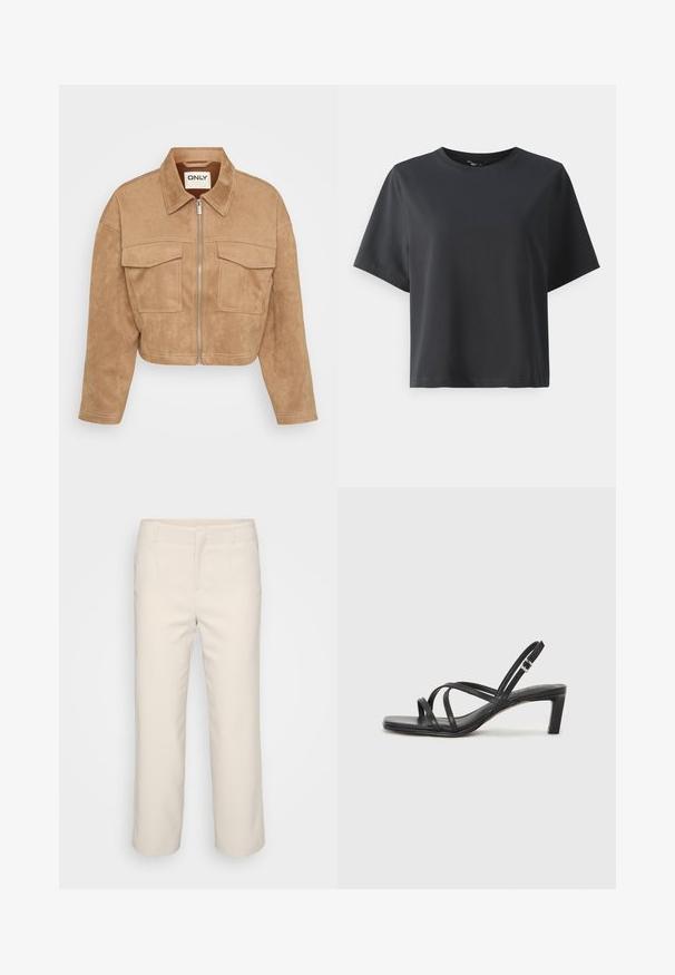 Lühendatud beež suede jakk, millel on ees lukuga kinnitamine, kaks rinna-taskut ja terav krae; sisaldab kontrastset õmblust ja siledat tekstuuri.; Must musträtik, lühikesed varrukad, ümar kaelus, vabalt lõigatud, sile tekstuur, lihtne disain, ilma mustrite või aksessuaarideta.; Beige, kohandatud püksid otsejalaga, lamedalt esiosaga ja kahe küljetaskuga. Valmistatud siledast kangast puhtal viimistlusel.; Mustast rihmajalatsid ruudukujulise varba ja madala ploki kontsaga. Omab mitmeid õhukesi rihmasid ja reguleeritavat pahkluu rihma. Valmistatud siledast nahast.