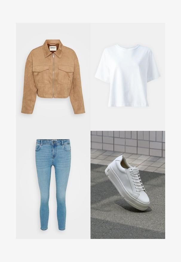Chaqueta de ante beige recortada con cremallera frontal, dos bolsillos en el pecho y cuello puntiagudo; presenta costuras en contraste y una textura suave.; Camiseta de algodón blanca con cuello redondo, mangas cortas, ajuste relajado y textura suave. Sin patrones ni acentos visibles.; Jeans de mezclilla elástica de color azul claro con un corte ajustado, diseño de cinco bolsillos, desvanecimiento sutil y cierre de cremallera con botón de metal.; Zapatilla de cuero blanca con diseño bajo, cordones planos, punta redondeada y laterales texturizados. Suela de goma gruesa con acentos sutiles.