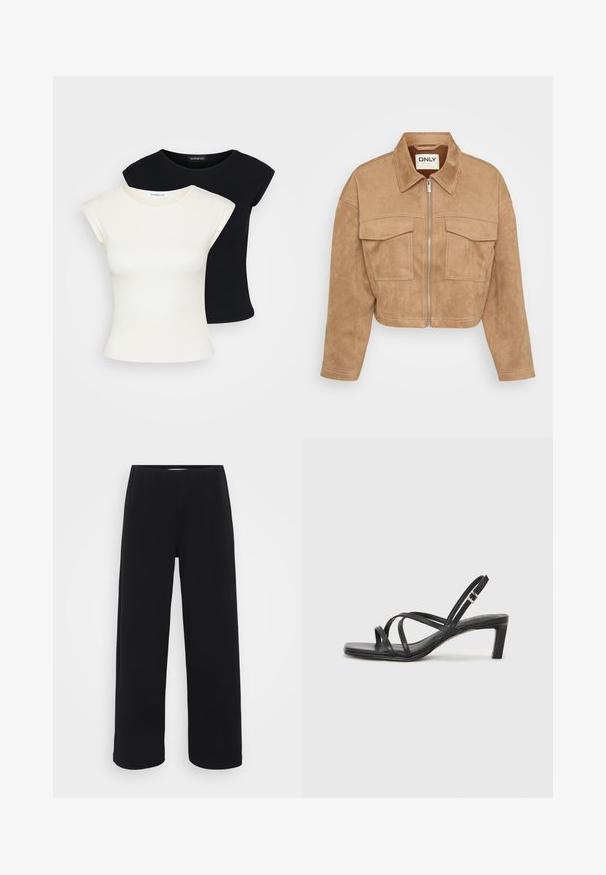 Cropped beige suede jacket with a front zipper, two chest pockets, and pointed collar; features contrasting stitching and a smooth texture.; Two fitted T-shirts: one cream and one black. Made from soft, textured cotton, featuring short sleeves and a round neckline.; Black wide-leg pants with an elastic waistband. Made from a textured material, featuring a loose fit and straight cut from hips to hem.; Black strappy sandal with a square toe and a low block heel. Features multiple thin straps and an adjustable ankle strap. Made of smooth leather.