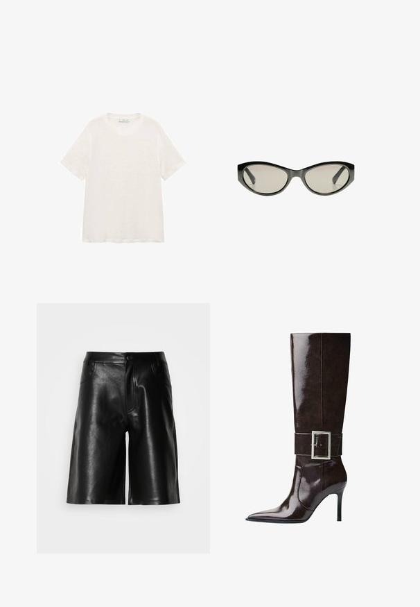 Asymetrická hnědá vlněná bunda s širokými rukávy, vysokým výstřihem a vrstveným designem, který elegantně splývá vzadu.; Šedý krátký svetr vyrobený z měkkého, chlupatého materiálu. Má dlouhé rukávy a kulatý výstřih, s hladkou a lehkou texturou.; Mango LENU - Jednoduché tričko - off-white; Černé kožené šortky s hladkou texturou, které mají přední kapsy, zip a upravený střih.; Tmavě hnědá kožená vysoká bota do kolen s špičatou špičkou, jehlovým podpatkem a širokým páskem s velkou obdélníkovou stříbrnou sponou.; Černé sluneční brýle ve stylu "kočičí oči" se šedými zabarvenými skly. Plastový rám má ostré hrany a hladký, lesklý povrch.