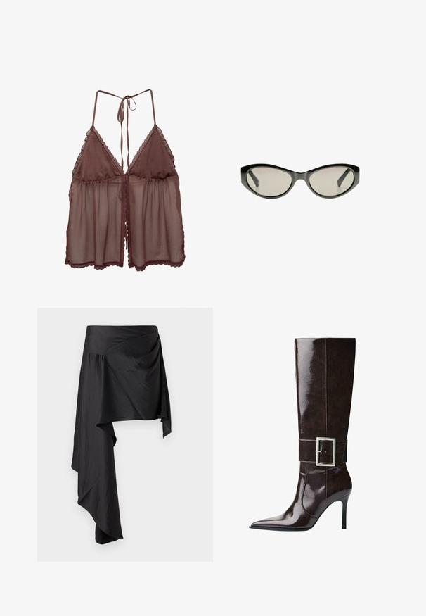 Asymmetrische braune Wolljacke mit breiten Ärmeln, hohem Kragen und einem geschichteten Design, das im Rücken elegant fällt.; Braune transparente Unterwäsche mit lockerer Passform, dreieckigen Cups und verstellbaren Bindebändchen. Verziert mit zartem Spitzenbesatz entlang der Kanten und dem Saum.; Schwarzer Wickelrock aus glattem, leichtem Stoff. Verfügt über einen asymmetrischen Saum und Raffungen an der Taille für eine fließende Silhouette.; Dunkelbraune knöchelhohe Lederstiefel mit spitzer Spitze, Stiletto-Absatz und breitem Riemen mit großer rechteckiger silberner Schnalle.; Schwarze Cat-Eye-Sonnenbrille mit grau getönten Gläsern. Der Kunststoffrahmen hat scharfe Kanten und eine glatte, glänzende Oberfläche.