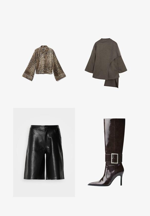Asymmetrische braune Wolljacke mit breiten Ärmeln, hohem Kragen und einem geschichteten Design, das im Rücken elegant fällt.; Leopardenmuster, verkürzte Jacke mit langen, ausgestellten Ärmeln. Hergestellt aus glattem Stoff, mit einem Kragen und Knopfverschluss.; Kurzärmliges, hellcremefarbenes Oberteil mit Rundhalsausschnitt, aus weichem Material gefertigt. Verfügt über eine lässige Passform und eine glatte Textur, ideal zum Übereinandertragen.; Schwarze Ledershorts mit glatter Textur, ausgestattet mit Fronttaschen, einem Reißverschluss und einer maßgeschneiderten Passform.; Dunkelbraune knöchelhohe Lederstiefel mit spitzer Spitze, Stiletto-Absatz und breitem Riemen mit großer rechteckiger silberner Schnalle.