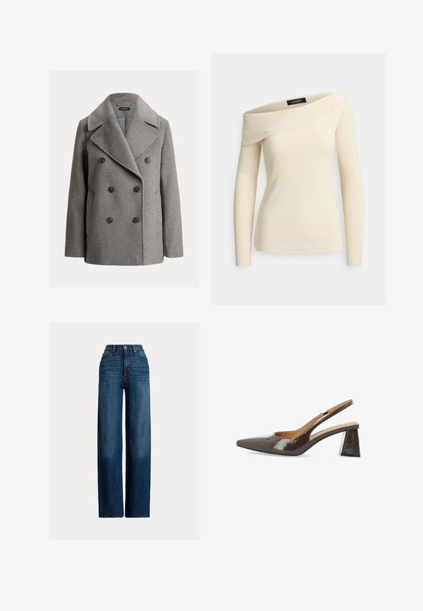 Sivi vuneni peacoat s dvostrukim kopčanjem, širokim izrezom i crnim gumbima. Uključuje bočne džepove i teksturiranu završnu obradu.; Kremasti dugih rukava rebrasti pleteni top s asimetričnim dekolteom koji otkriva jedno rame i blago strukturom uklopljenim krojem.; Široke traperice u tamnoplavoj boji. Imaju visoki struk, zatvaranje na dugme i klasičan dizajn s pet džepova. Glatka tekstura s suptilnim izbljeđenjem.; Sandalice s visokim petama u sjajnoj tamnosmeđoj lakiranoj koži, šiljati vrh, isječene strane i kvadratna blok petica.