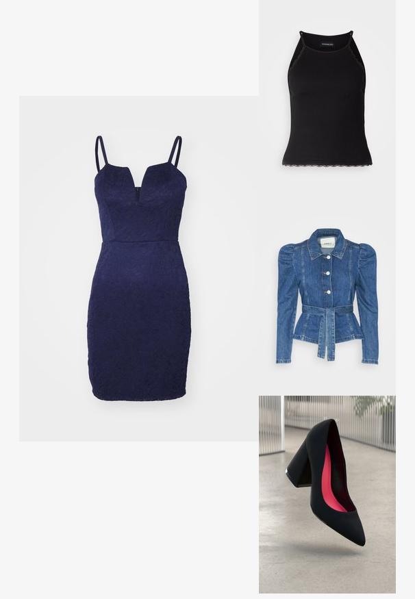 Džinsu jaka ar jostas vidukli, pieguļošu augšdaļu un pūšām plecu daļām. Vidēji zila krāsa, strukturēts dizains un priekšējie pogu aizdarījumi.; Tumši zila mežģīņu kleita ar pieguļošu siluetu, dziļu izgriezumu un plānām siksnām. Audumā ir strukturēts ziedu raksts.; Melna ribota topiņa ar izšūtu mežģīņu apdari apakšmalā. Iezīmē plānas siksniņas un pielāgotu piegriezumu. Izgatavota no stiepjama auduma.; Melna augsta papēža kurpe ar smailu purngalu, teksturētu virsmu un dzīvespriecīgu rozā interjeru. Satur masīlu papēdi ar sudraba akcentu.