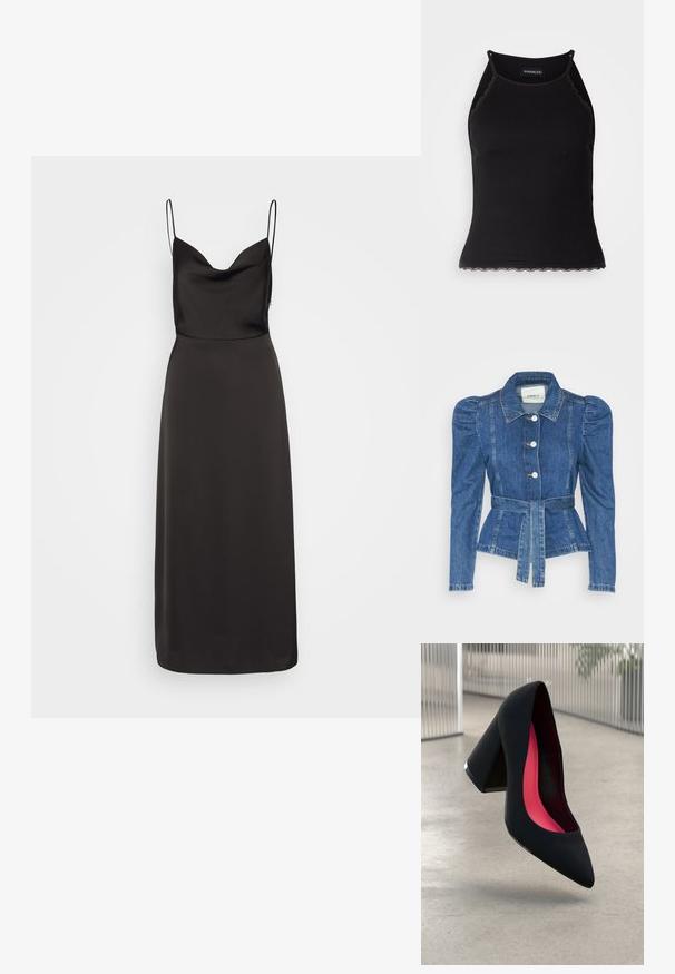 Džinsu jaka ar jostas vidukli, pieguļošu augšdaļu un pūšām plecu daļām. Vidēji zila krāsa, strukturēts dizains un priekšējie pogu aizdarījumi.; Melnā satīna kleita ar piegrieztiem korsešu, plašu dekoltē un plāniem spageti siksniņām. Svārki plūst līdz potītēm, ar gludu tekstūru.; Melna ribota topiņa ar izšūtu mežģīņu apdari apakšmalā. Iezīmē plānas siksniņas un pielāgotu piegriezumu. Izgatavota no stiepjama auduma.; Melna augsta papēža kurpe ar smailu purngalu, teksturētu virsmu un dzīvespriecīgu rozā interjeru. Satur masīlu papēdi ar sudraba akcentu.