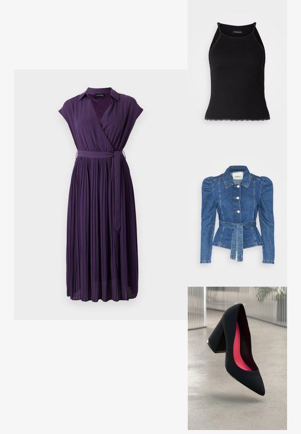 Traper jakna s pojasom u struku, prilagođenim tijelom i nabranim ramenima. Srednje plava boja, strukturirani dizajn i prednje kopčanje na tipke.; Ljubičasta plisirana haljina omotnica s kratkim rukavima, ovratnikom, strukom koja se stegne i remenom za vezanje. Napravljena od glatkog materijala s tekućom teksturom.; Crna ženska majica bez rukava s rebrastim uzorkom i čipkastim obrubom na donjem dijelu. Ima tanke naramenice i prilagođen dizajn. Izrađena od rastezljivog materijala.; Crna visoka potpetica s oštrim vrhom, teksturiranom površinom i živopisnom ružičastom unutrašnjošću. Ima masivnu potpeticu s srebrnim detaljem.