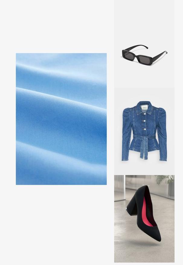 Jeansjacke mit tailliertem Schnitt, fitted Oberteil und gepufften Schultern. Mittelblaue Farbe, strukturierte Form und Frontknopfverschlüsse.; Hellblauer Stoff mit glatter Textur, der weiche Falten und ein konsistentes, gleichmäßig gewebtes Muster aufweist.; Schwarzer High Heel Schuh mit spitzer Zehe, strukturiertem Obermaterial und lebhaftem pinken Innenraum. Verfügt über einen dicken Absatz mit silberner Akzentuierung.; Schwarze rechteckige Sonnenbrille mit dunklen Gläsern, glänzender Oberfläche, breiten Bügeln und einem klobigen Rahmen-Design. Gravierter Markenname auf einem Bügel.