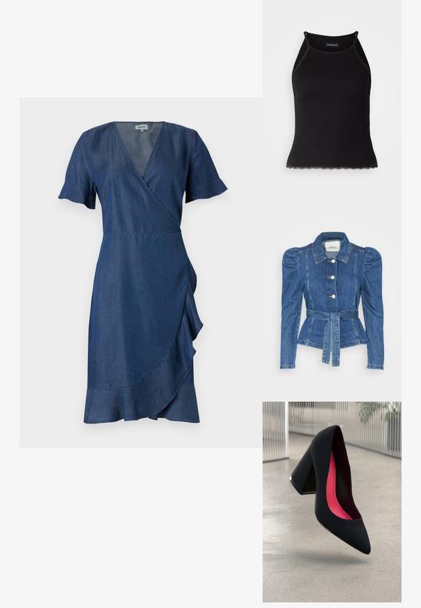 Jeansjakke med belte i midjen, tettsittende midje og puffede skuldre. Medium blå farge, strukturert design og frontknapper.; Denim omslagskjole i mørkeblå, med V-hals, korte volang-ermer og en svingete skjørt med lagdelte detaljer i kanten.; Svart ribbet tanktopp med scallop lace detaljer i kanten. Har tynne stropper og en kroppsnær design. Laget av elastisk stoff.; Svart høye hæler med spiss tå, teksturert overflate og en livlig rosa innside. Har en kraftig hæl med sølvdetaljer.