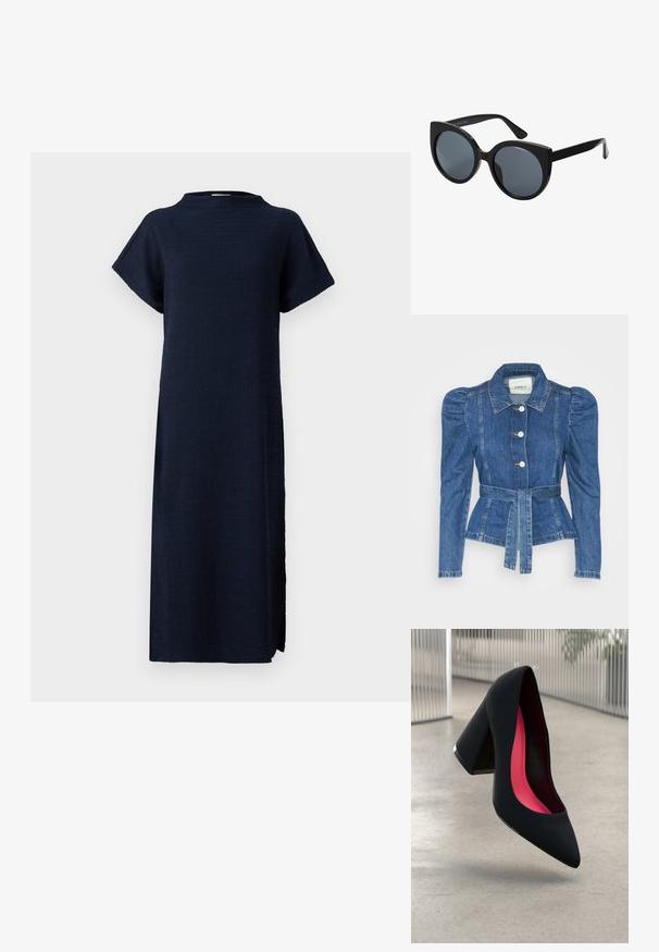 Jeansjacke mit tailliertem Schnitt, fitted Oberteil und gepufften Schultern. Mittelblaue Farbe, strukturierte Form und Frontknopfverschlüsse.; Marineblaues Kleid mit lockerer Passform, kurzen Ärmeln, hohem Ausschnitt, strukturiertem Stoff und seitlichen Schlitzen für Bewegungsfreiheit.; Schwarzer High-Heel-Schuh mit spitzer Kappe und strukturierter Oberseite. Innenfutter in leuchtendem Pink. Quadratischer Absatz mit metallischem Akzent an der Basis.; Schwarze übergroße Sonnenbrille mit Katzenaugenform, dunkel getönten Gläsern und glänzendem Kunststoffrahmen. Verfügt über dicke Bügel für Unterstützung.